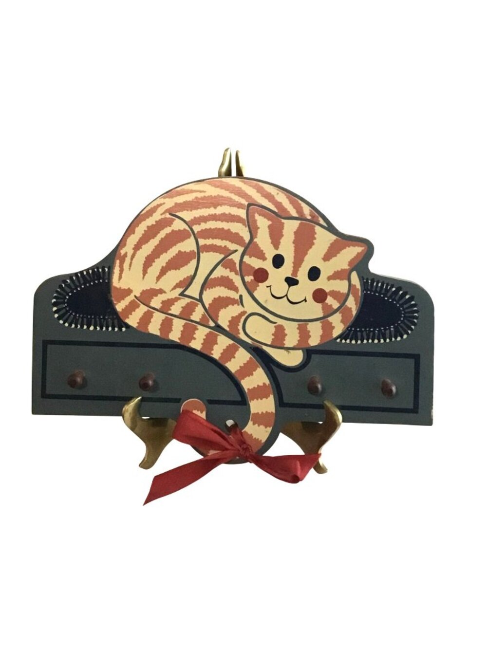 Cat-Themed Wooden Wall Hanging Key Holder With Brass Hooks & Painted Design